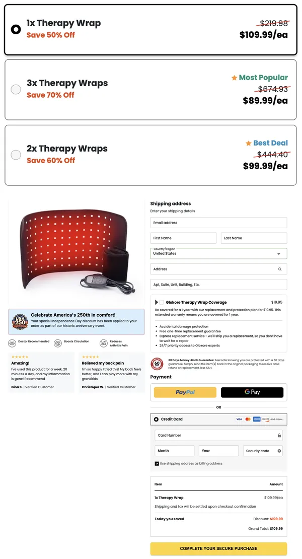 Glokore official checkout page showing package selection, shipping form and secure payment